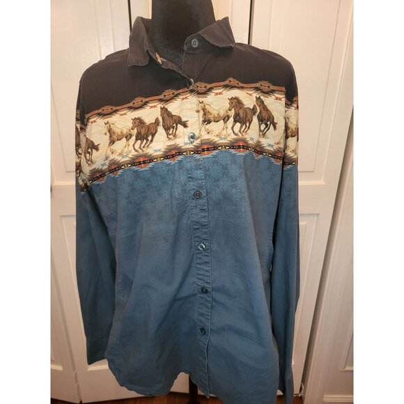 Women's Bit and Bridle Blue/Black Horse Print Button Up XL Western Cowgirl Rodeo - Picture 1 of 9